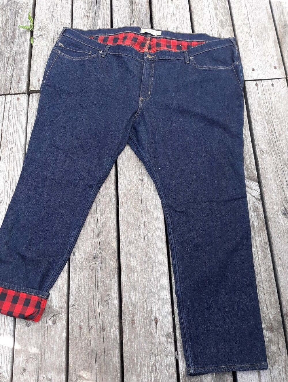 Carhartt Womens Straight Dark Blue Jeans with Red & Black Buffalo Plaid Lined